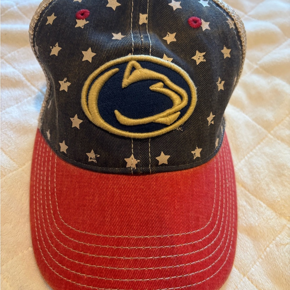 Penn state logo distressed trucker hat (red, khaki, and blue)